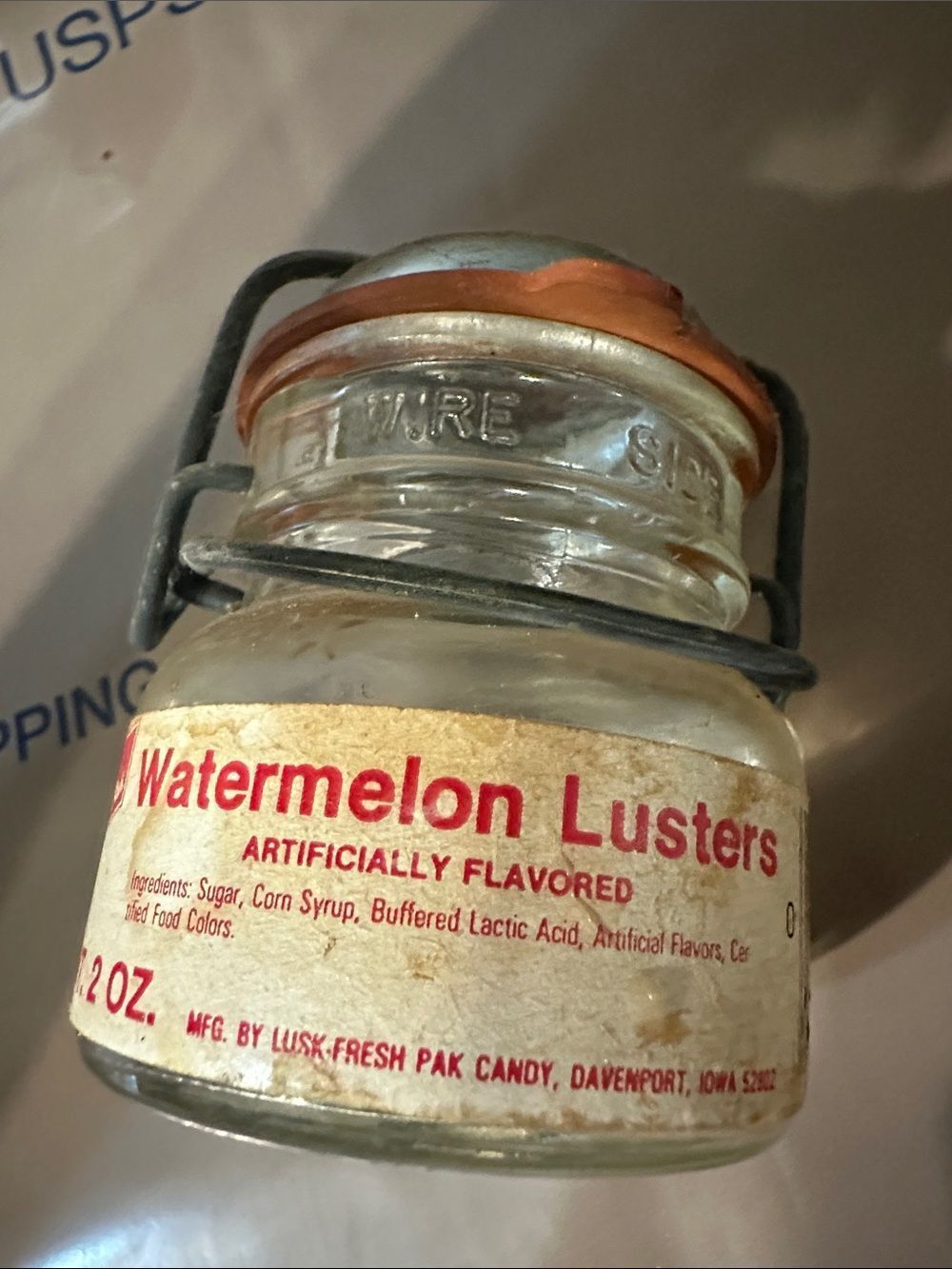 Vintage Lusk Fresh Pak Watermelon Lusters Candy Jar 1893 FP Wire Bail